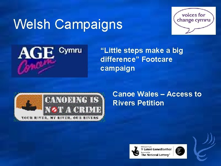 Welsh Campaigns “Little steps make a big difference” Footcare campaign Canoe Wales – Access
