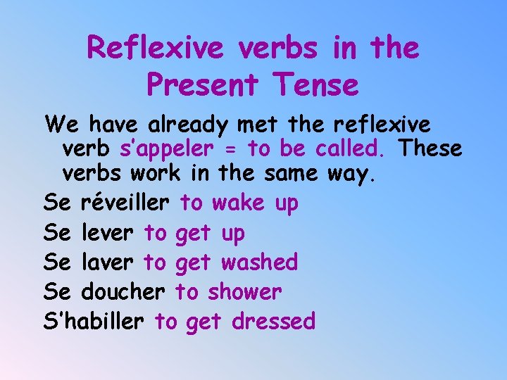Reflexive verbs in the Present Tense We have already met the reflexive verb s’appeler
