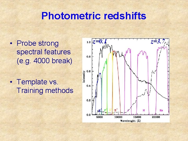 Photometric redshifts • Probe strong spectral features (e. g. 4000 break) • Template vs.