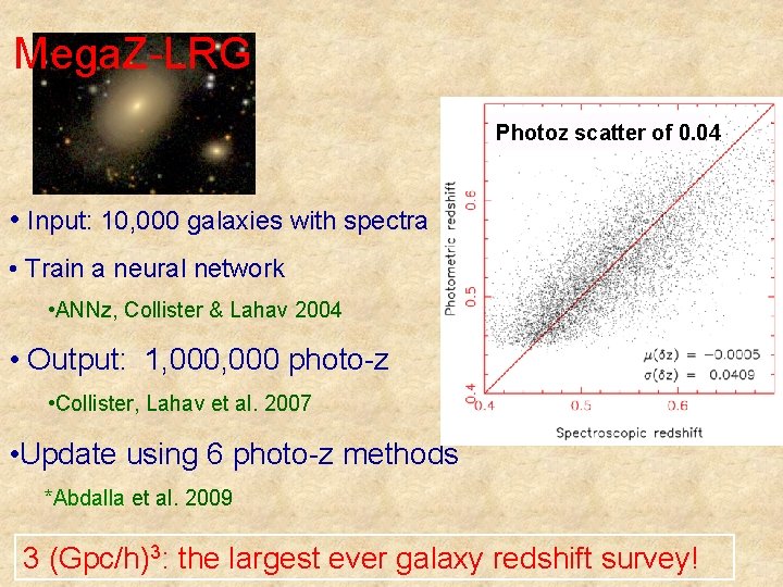 Mega. Z-LRG Photoz scatter of 0. 04 • Input: 10, 000 galaxies with spectra