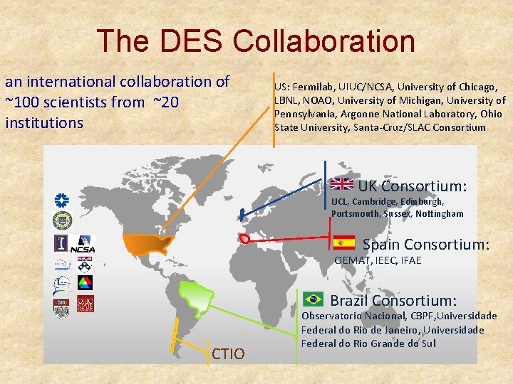 The DES Collaboration an international collaboration of ~100 scientists from ~20 institutions US: Fermilab,