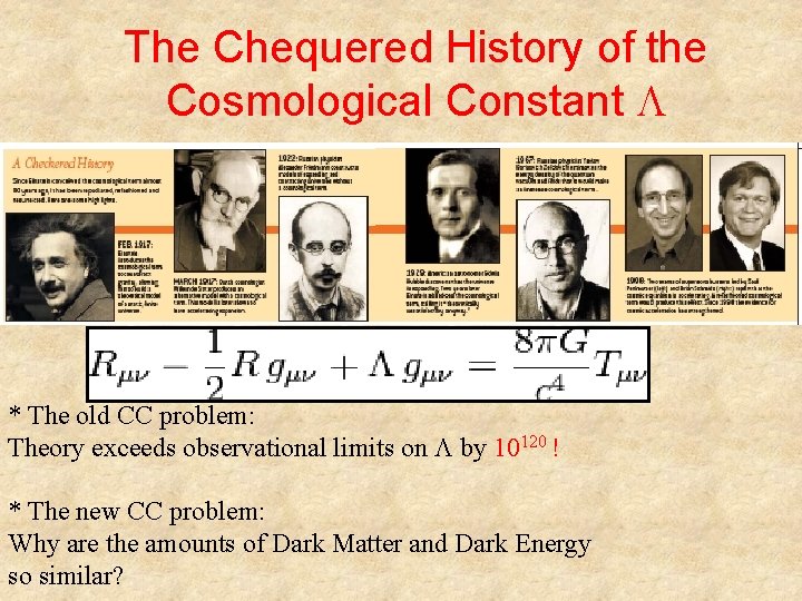 The Chequered History of the Cosmological Constant * The old CC problem: Theory exceeds