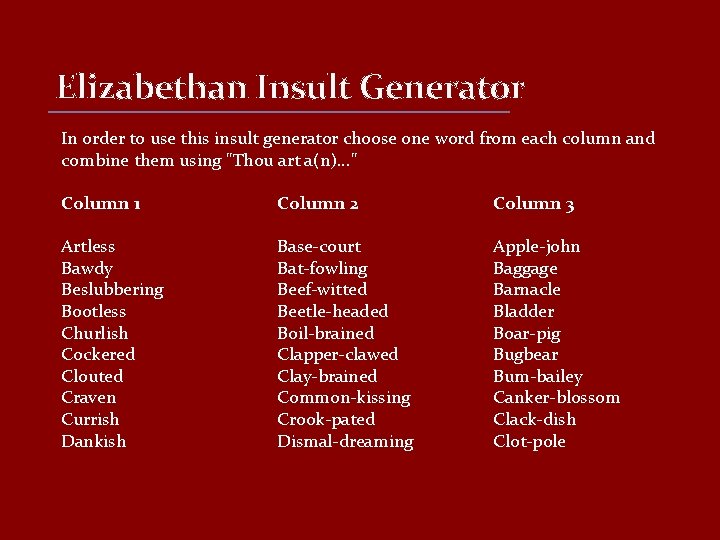 Elizabethan Insult Generator In order to use this insult generator choose one word from