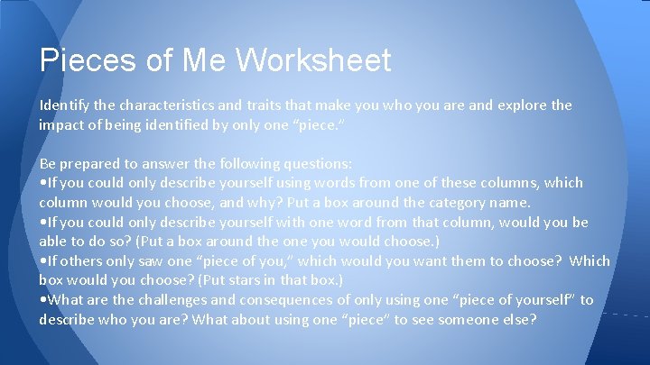 Pieces of Me Worksheet Identify the characteristics and traits that make you who you