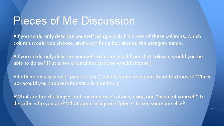 Pieces of Me Discussion • If you could only describe yourself using words from