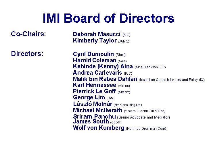 IMI Board of Directors Co-Chairs: Deborah Masucci (AIG) Kimberly Taylor (JAMS) Directors: Cyril Dumoulin