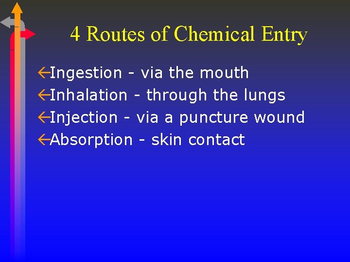 4 Routes of Chemical Entry ßIngestion - via the mouth ßInhalation - through the