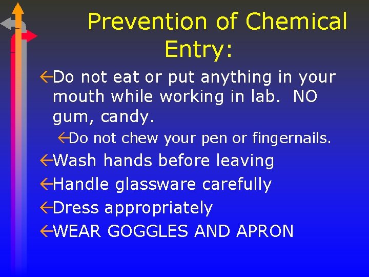 Prevention of Chemical Entry: ßDo not eat or put anything in your mouth while