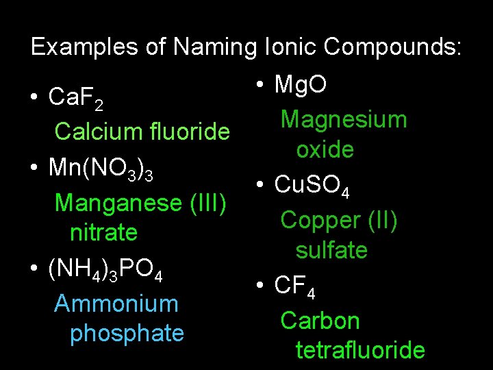 Examples of Naming Ionic Compounds: • Mg. O • Ca. F 2 Magnesium Calcium