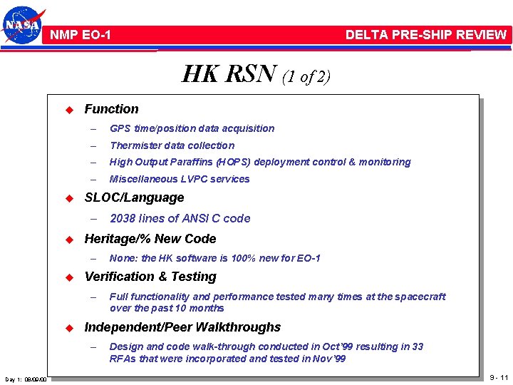 NMP /EO-1 NMP EO-1 DELTA PRE-SHIP REVIEW HK RSN (1 of 2) u u