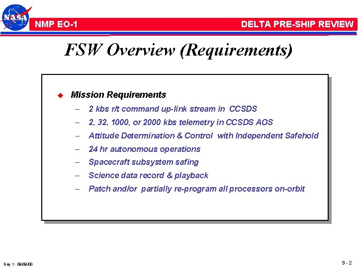 NMP /EO-1 NMP EO-1 DELTA PRE-SHIP REVIEW FSW Overview (Requirements) u Day 1: 08/09/00