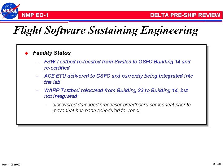 NMP /EO-1 NMP EO-1 DELTA PRE-SHIP REVIEW Flight Software Sustaining Engineering u Facility Status