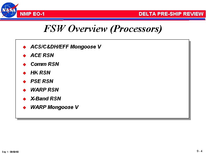 NMP /EO-1 NMP EO-1 DELTA PRE-SHIP REVIEW FSW Overview (Processors) Day 1: 08/09/00 u