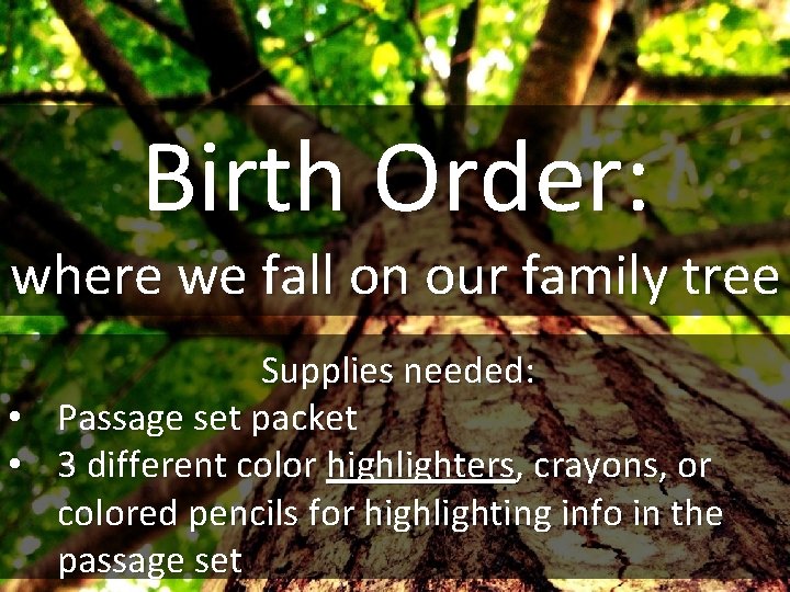 Birth Order: where we fall on our family tree Supplies needed: • Passage set