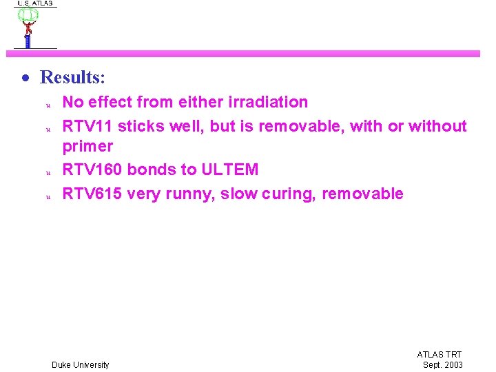 · Results: u u No effect from either irradiation RTV 11 sticks well, but