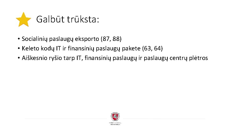 Galbūt trūksta: • Socialinių paslaugų eksporto (87, 88) • Keleto kodų IT ir finansinių