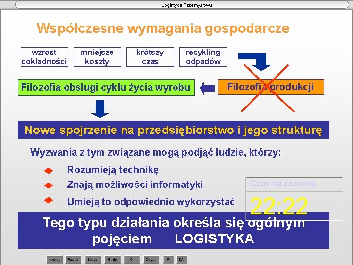 Logistyka Przemysłowa Współczesne wymagania gospodarcze wzrost dokładności mniejsze koszty krótszy czas recykling odpadów Filozofia