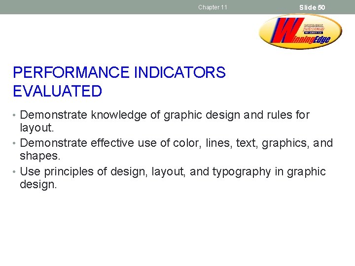 Chapter 11 Slide 50 PERFORMANCE INDICATORS EVALUATED • Demonstrate knowledge of graphic design and