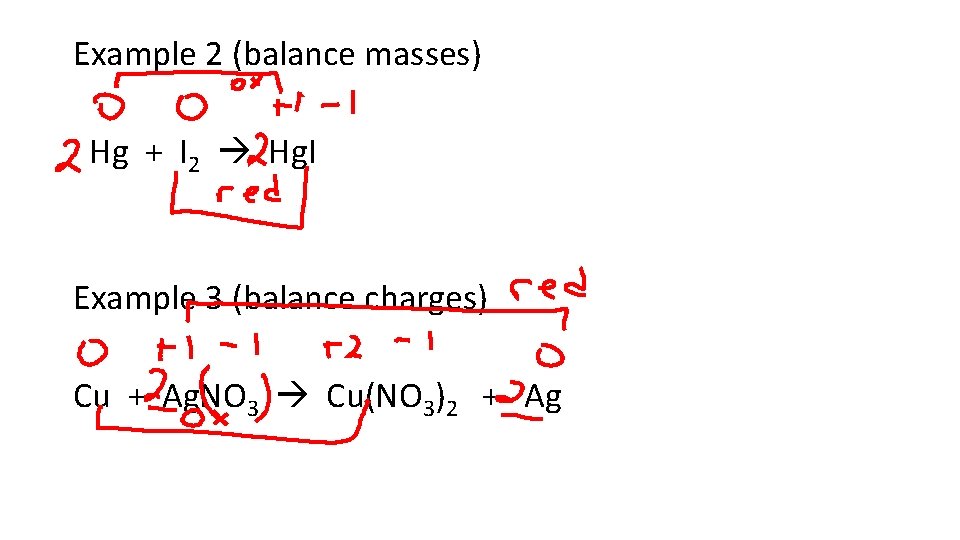 Example 2 (balance masses) Hg + I 2 Hg. I Example 3 (balance charges)