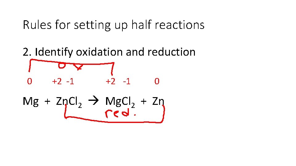 Rules for setting up half reactions 2. Identify oxidation and reduction 0 +2 -1