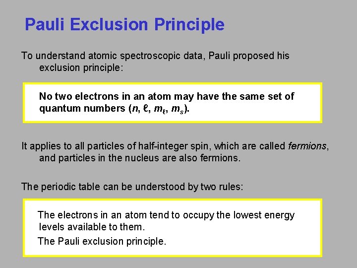 Pauli Exclusion Principle To understand atomic spectroscopic data, Pauli proposed his exclusion principle: No