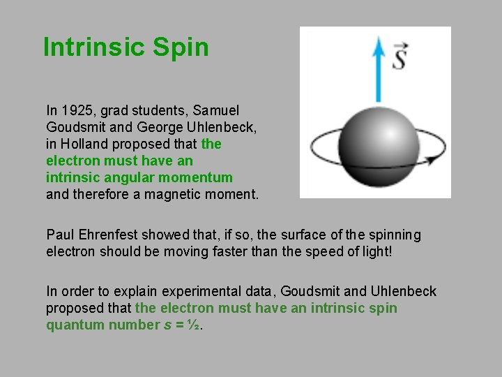 Intrinsic Spin In 1925, grad students, Samuel Goudsmit and George Uhlenbeck, in Holland proposed