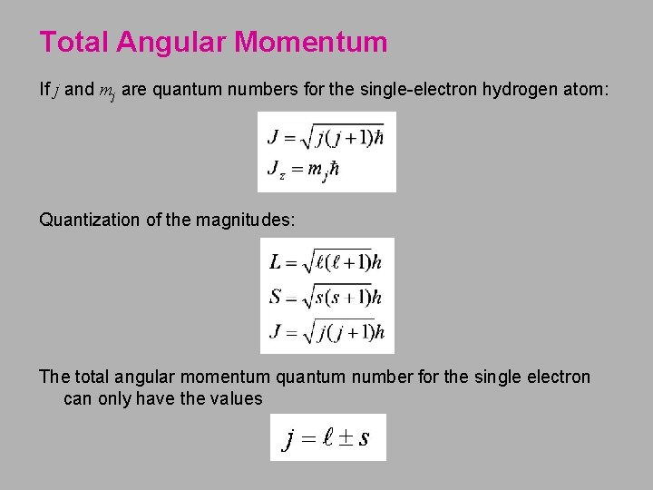 Total Angular Momentum If j and mj are quantum numbers for the single-electron hydrogen