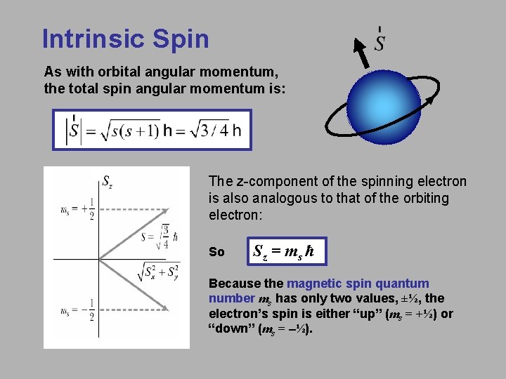 Intrinsic Spin As with orbital angular momentum, the total spin angular momentum is: The