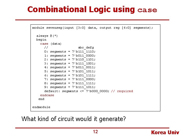 Combinational Logic using case module sevenseg(input [3: 0] data, output reg [6: 0] segments);