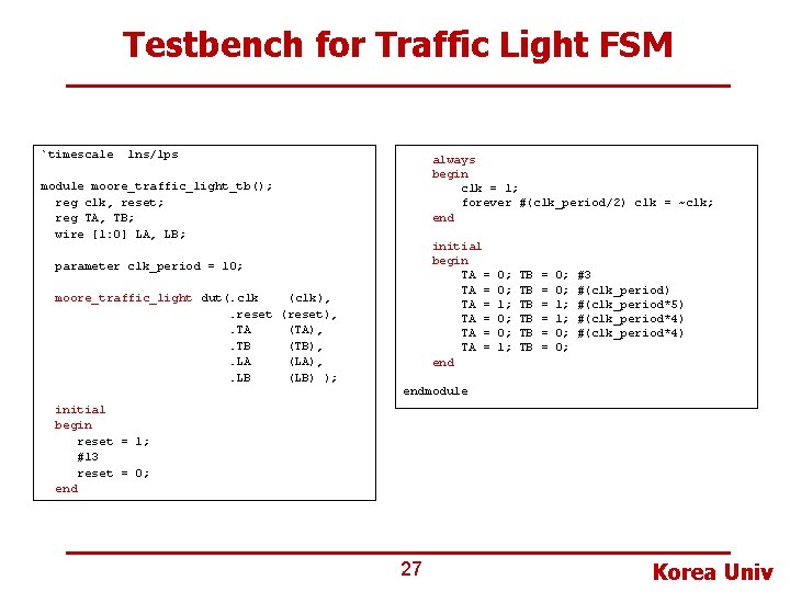 Testbench for Traffic Light FSM `timescale 1 ns/1 ps always begin clk = 1;