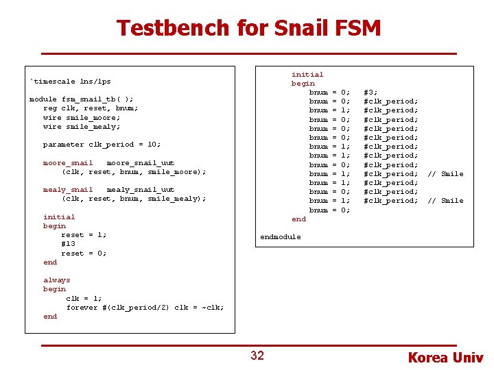 Testbench for Snail FSM initial begin bnum bnum bnum bnum end `timescale 1 ns/1