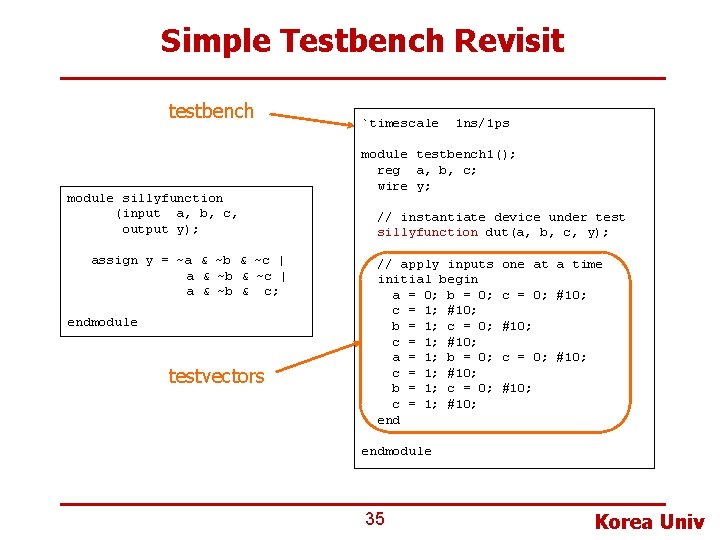 Simple Testbench Revisit testbench module sillyfunction (input a, b, c, output y); assign y