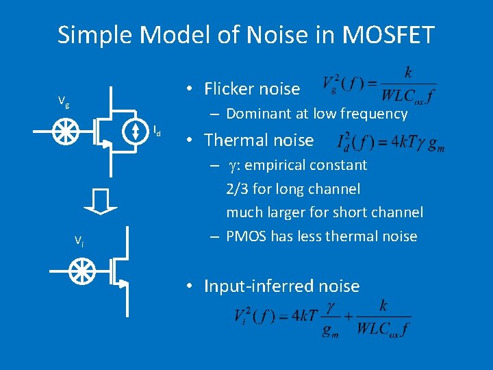 Simple Model of Noise in MOSFET • Flicker noise Vg Id Vi – Dominant