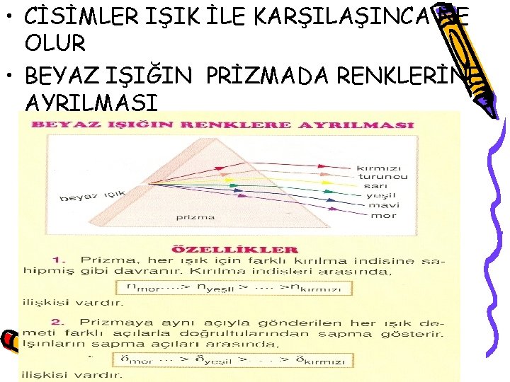  • CİSİMLER IŞIK İLE KARŞILAŞINCA NE OLUR • BEYAZ IŞIĞIN PRİZMADA RENKLERİNE AYRILMASI