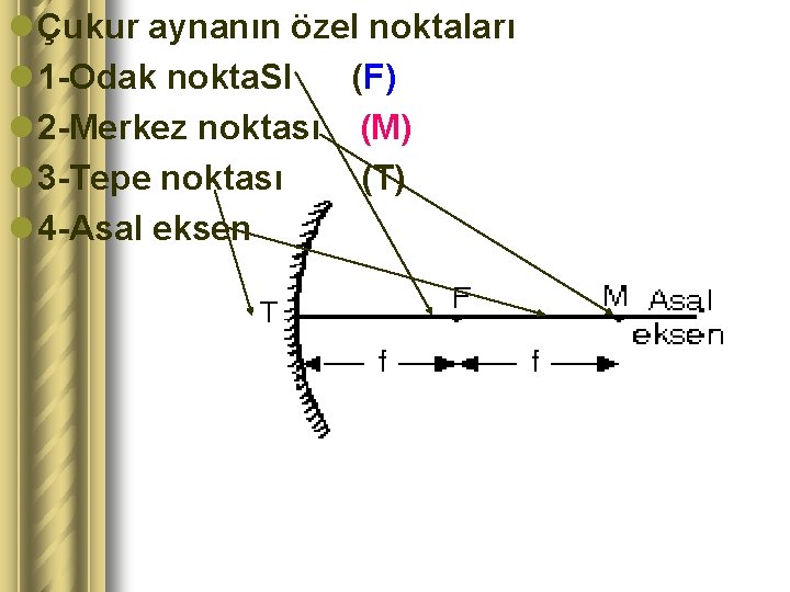 l Çukur aynanın özel noktaları l 1 -Odak nokta. SI (F) l 2 -Merkez