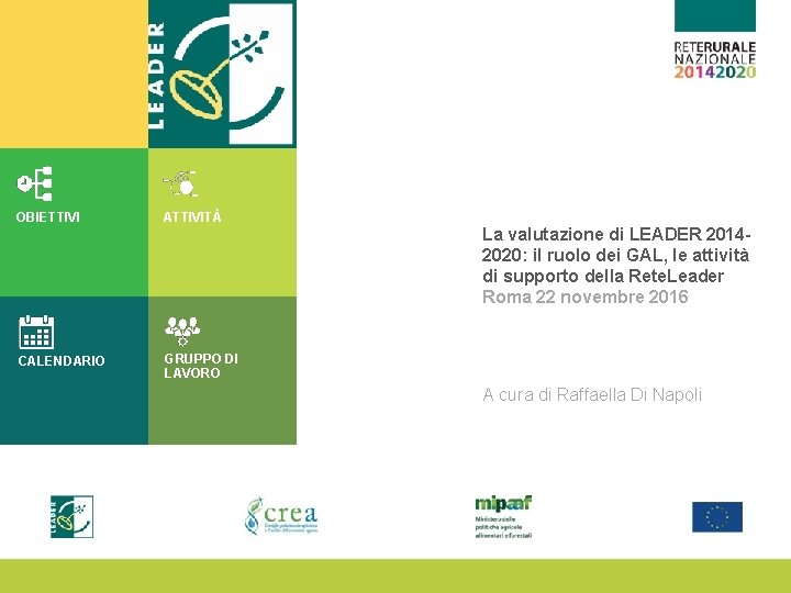 OBIETTIVI ATTIVITÀ CALENDARIO GRUPPO DI LAVORO La valutazione di LEADER 20142020: il ruolo dei