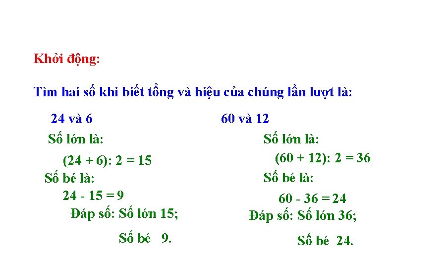 Khởi động: Tìm hai số khi biết tổng và hiệu của chúng lần lượt