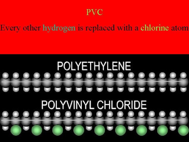 PVC Every other hydrogen is replaced with a chlorine atom 