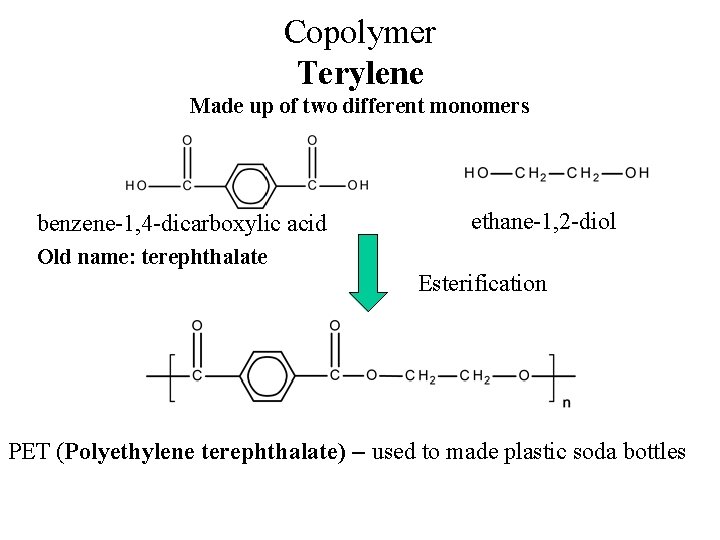 Copolymer Terylene Made up of two different monomers benzene-1, 4 -dicarboxylic acid ethane-1, 2