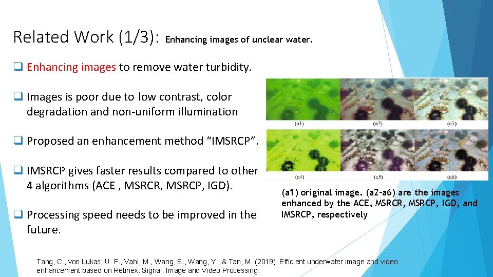 Related Work (1/3): Enhancing images of unclear water. Enhancing images to remove water turbidity.