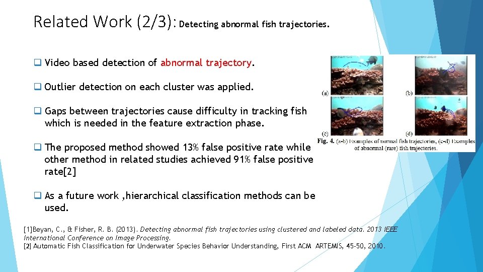 Related Work (2/3): Detecting abnormal fish trajectories. Video based detection of abnormal trajectory. Outlier
