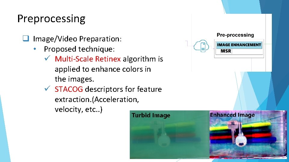 Preprocessing Image/Video Preparation: • Proposed technique: ü Multi-Scale Retinex algorithm is applied to enhance