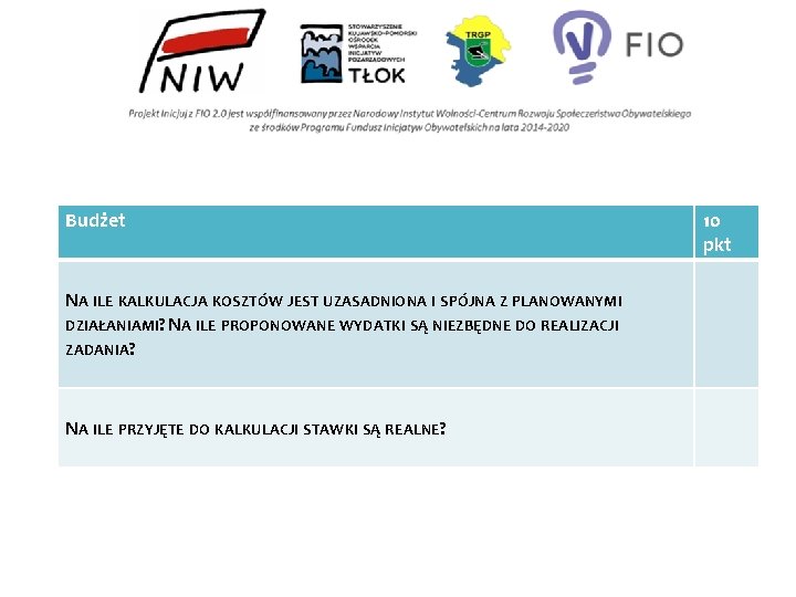 Budżet NA ILE KALKULACJA KOSZTÓW JEST UZASADNIONA I SPÓJNA Z PLANOWANYMI DZIAŁANIAMI? NA ILE