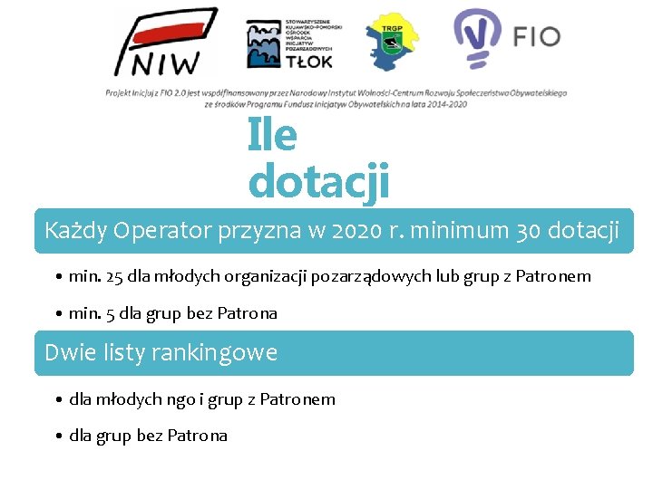 Ile dotacji Każdy Operator przyzna w 2020 r. minimum 30 dotacji • min. 25