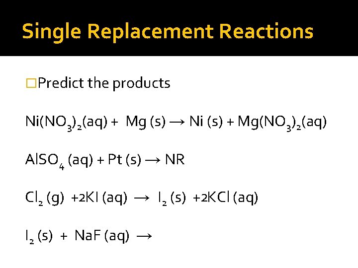 Single Replacement Reactions �Predict the products Ni(NO 3)2(aq) + Mg (s) → Ni (s) Single Replacement Reactions �Predict the products Ni(NO 3)2(aq) + Mg (s) → Ni (s)