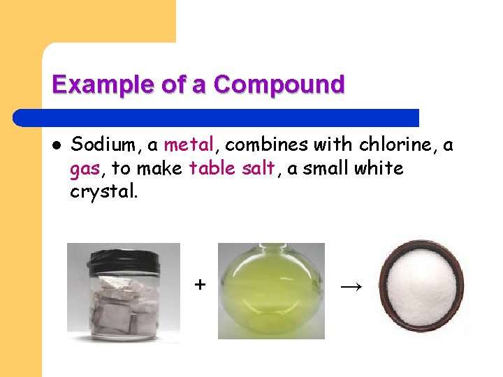 Example of a Compound l Sodium, a metal, combines with chlorine, a gas, to
