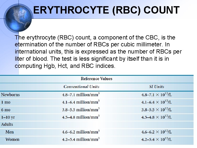ERYTHROCYTE (RBC) COUNT The erythrocyte (RBC) count, a component of the CBC, is the