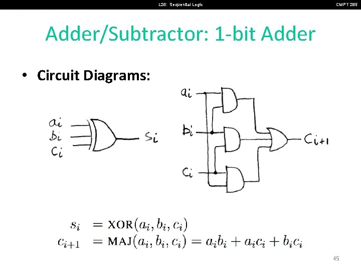 L 26: Sequential Logic CMPT 295 Adder/Subtractor: 1 -bit Adder • Circuit Diagrams: 45