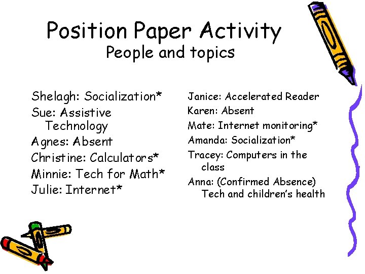 Position Paper Activity People and topics Shelagh: Socialization* Sue: Assistive Technology Agnes: Absent Christine:
