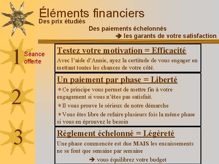 Éléments financiers Des prix étudiés Des paiements échelonnés les garants de votre satisfaction 1